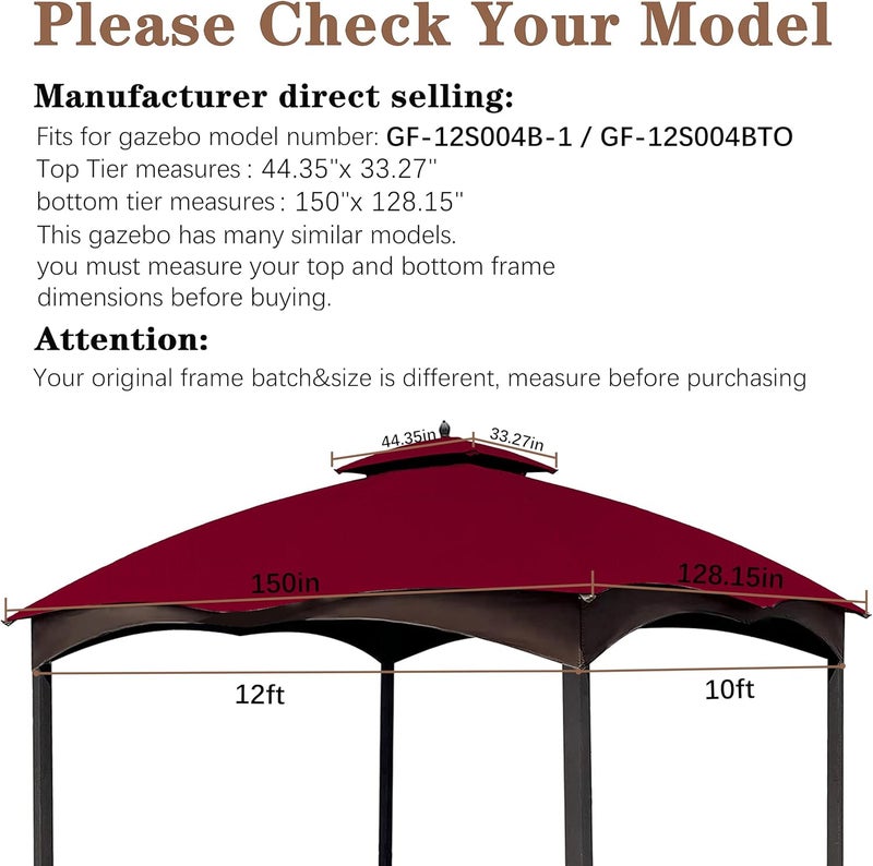 SCOCANOPY Burgundy Ripstop Replacement Roof for Lowe's Allen Roth 10X12 Gazebo Model #GF-12S004B-1/ GF-12S004BTO/TPGAZ17-002C - Image 2